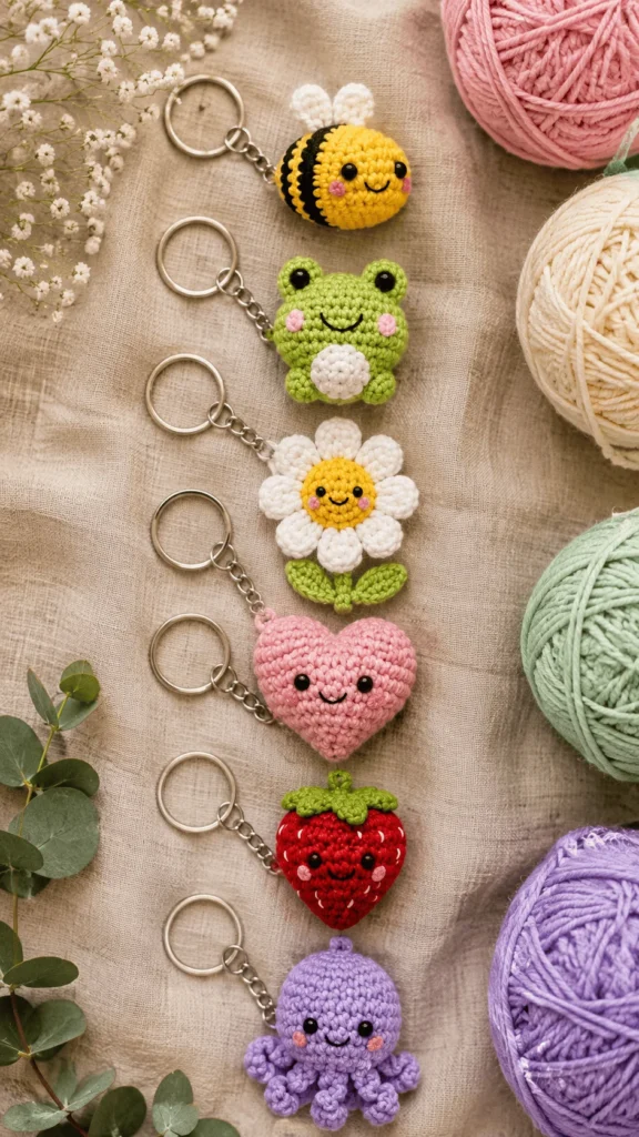 A row of colorful mini crochet amigurumi keychains